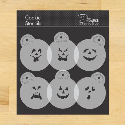 Jack-O-Lantern Halloween cookie stencil set by Designer Stencils featuring six different pumpkin face designs.