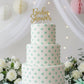 Polka dot pattern stenciled onto a multi-tiered cake.