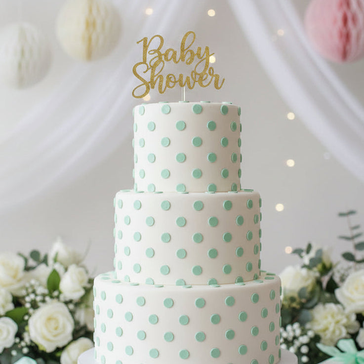 Polka dot pattern stenciled onto a multi-tiered cake.
