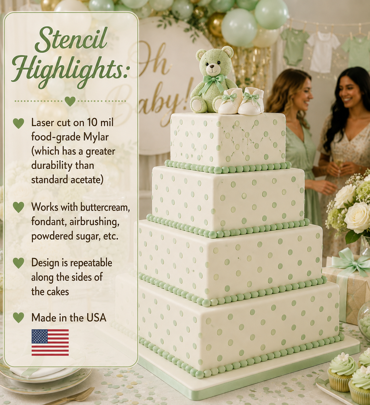 Polka dot pattern stenciled onto the sides of a baby shower cake