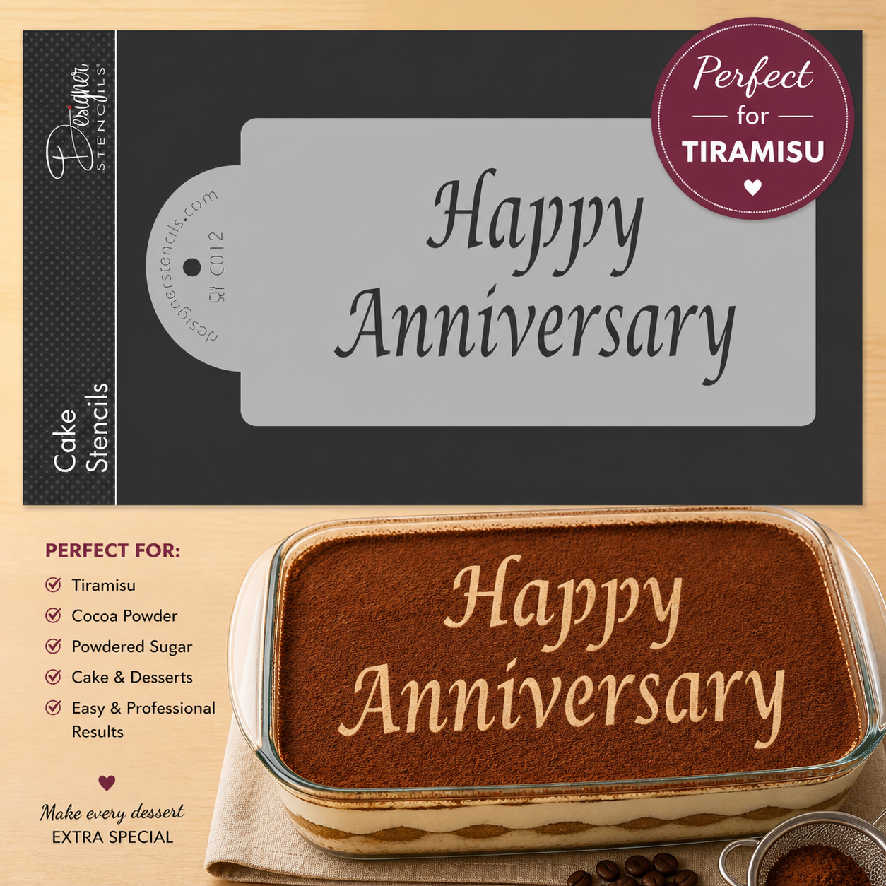 Happy Anniversary stenciled onto Tiramisu with cocoa powder