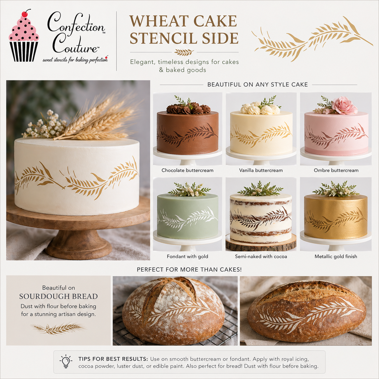 Promotional image of Confection Couture wheat cake stencil designs on cakes and bread.
