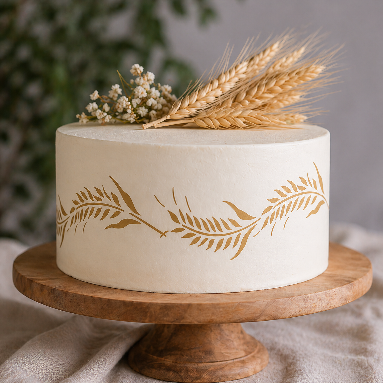 White cake with gold leaf patterns on a wooden stand, decorated with wheat and flowers.