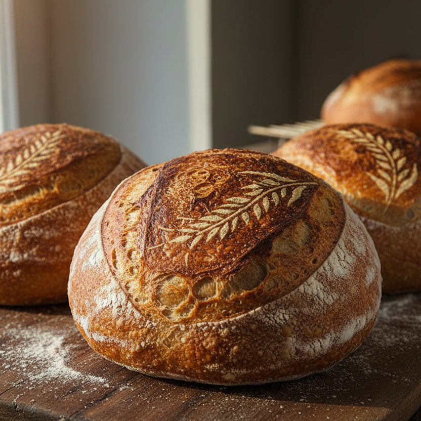 Decorative wheat design on top of a sourdough loaf 