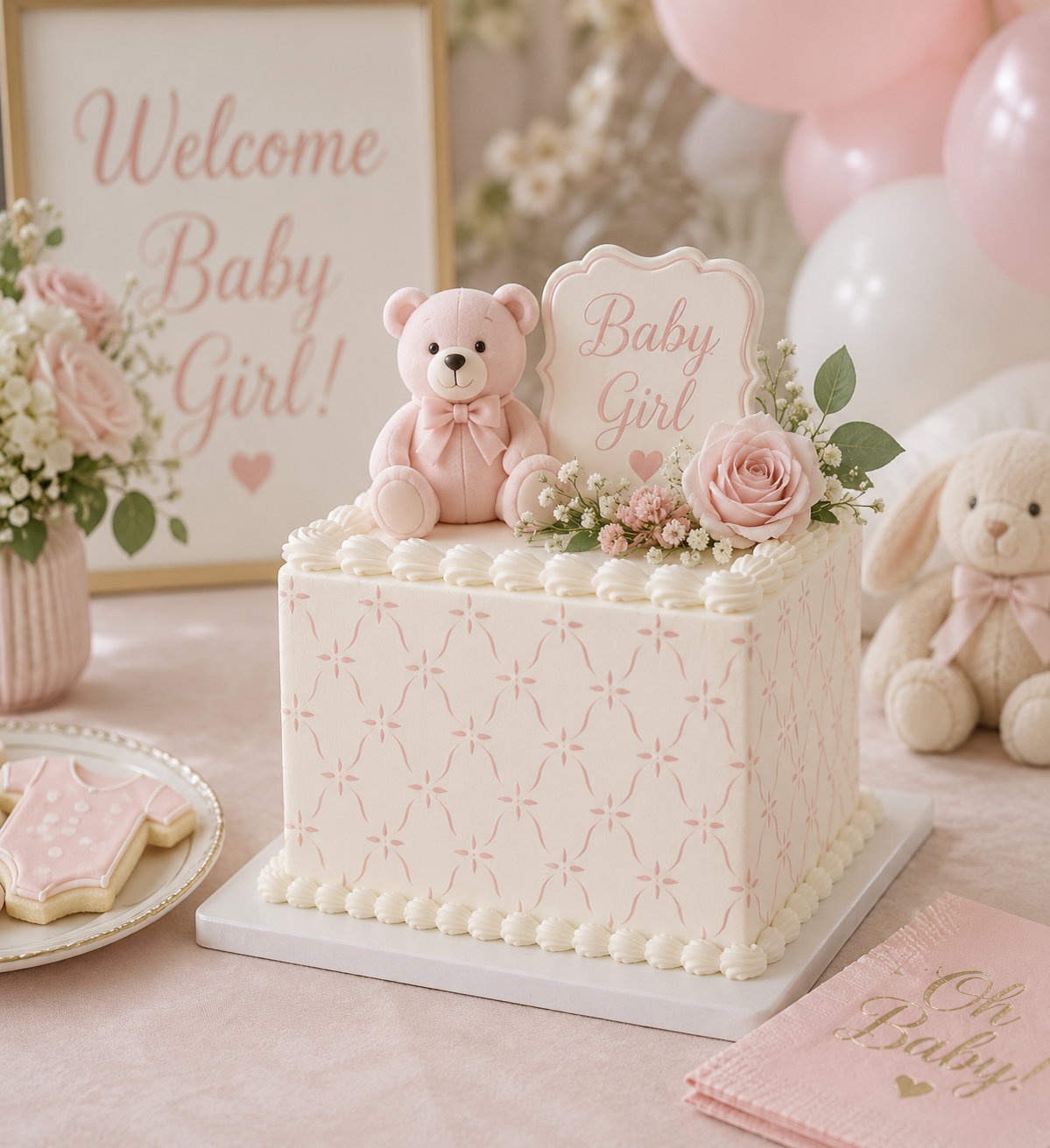 Lattice cake stencil applied to the sides of a bridal shower cake for a baby girl
