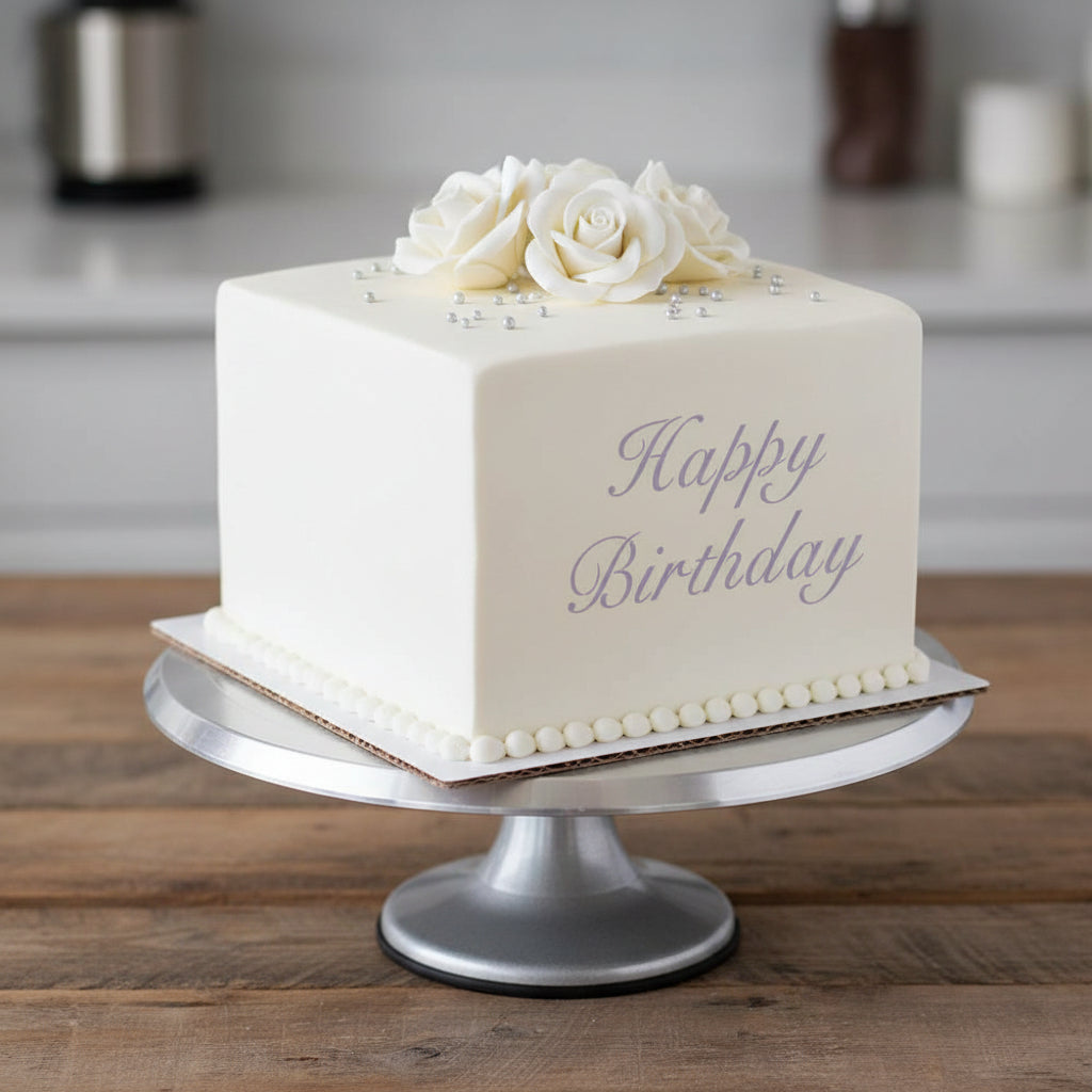 Fancy Happy Birthday cake stencil by Designer Stencils, beige plastic, ideal for cake decoration.