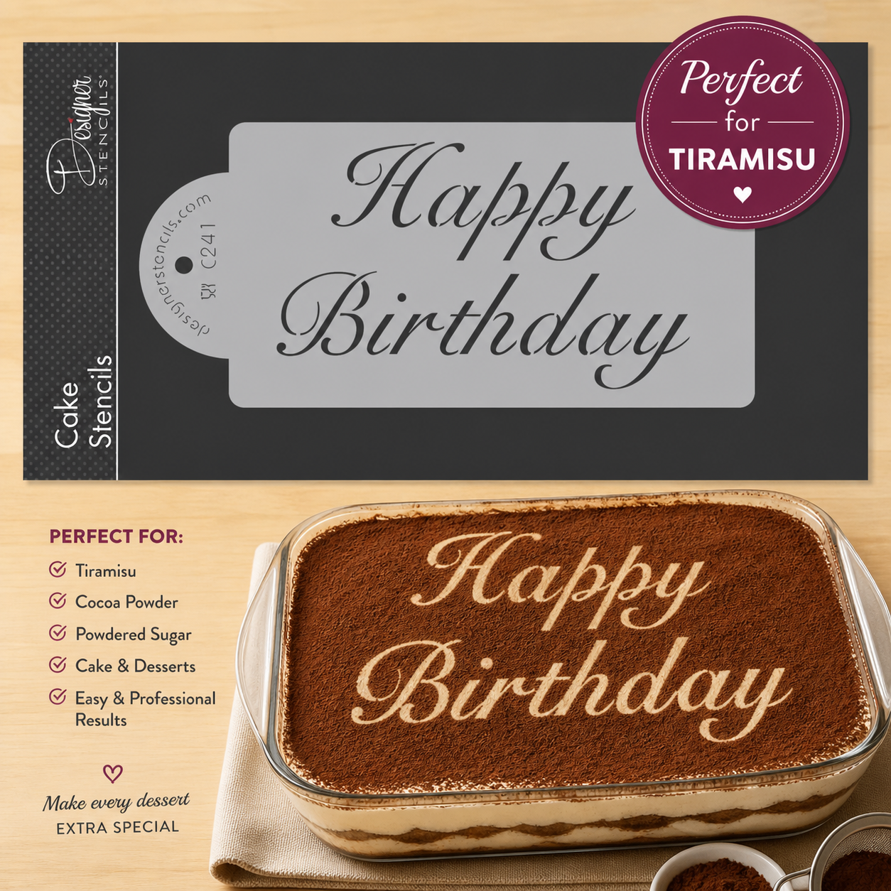 Happy Birthday Stenciled onto a Tiramisu