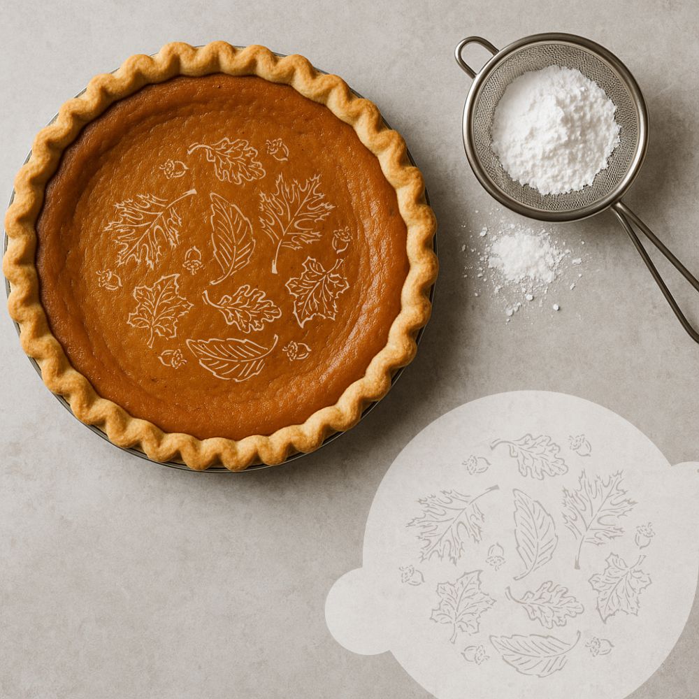 Pumpkin pie with a stenciled leaf design, powder sugar sifter, and leaf stencil on a light background