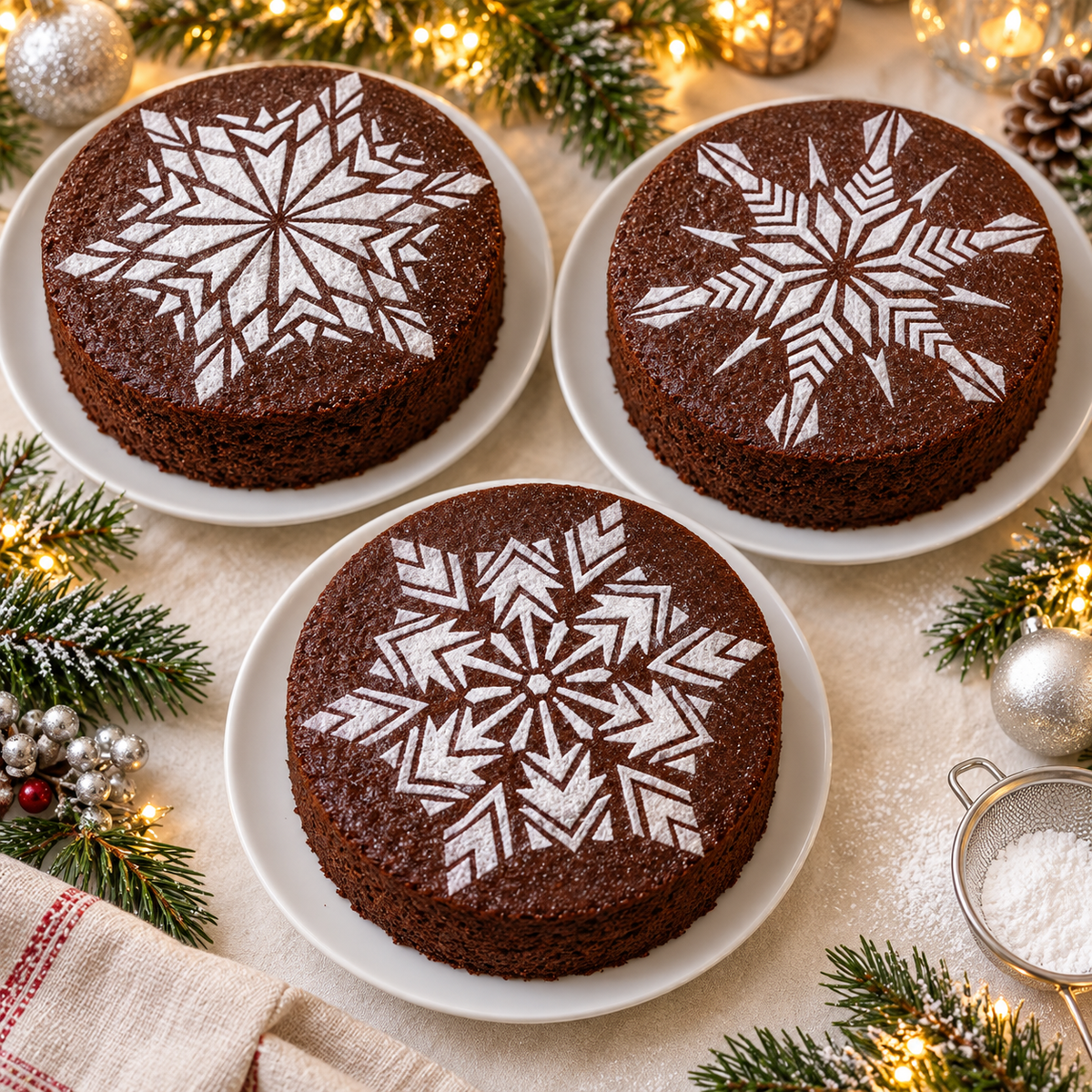 Three round chocolate cakes decorated with different powdered sugar crystal snowflakes on a festive holiday table.
