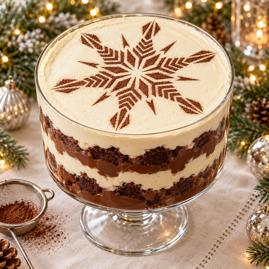 Layered chocolate trifle in a glass pedestal bowl with a cocoa crystal snowflake dusted onto its pale cream topping.