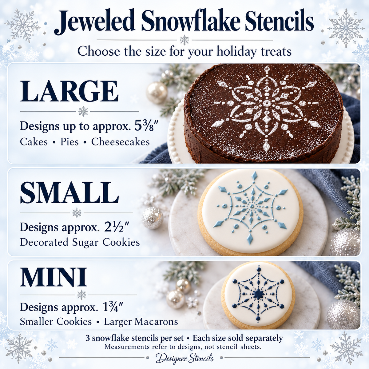 A graphic for jeweled snowflake stencils, showing three sizes: Large for cakes, pies, and cheesecakes; Small for decorated sugar cookies; and Mini for macarons. The top right shows a chocolate cake with a large snowflake design, and the bottom right shows decorated cookies with blue snowflake designs.