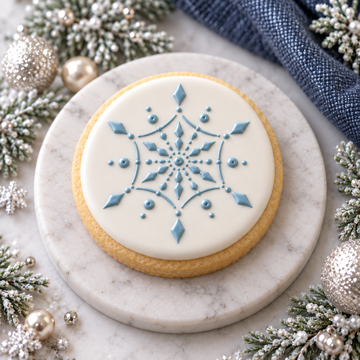 Round sugar cookie with white icing and a raised icy blue jeweled snowflake design, surrounded by silver Christmas ornaments and greenery.