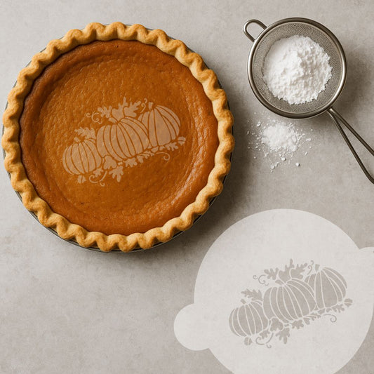 Pumpkin Cake Stenciled on top of a pumpkin pie with powdered sugar.