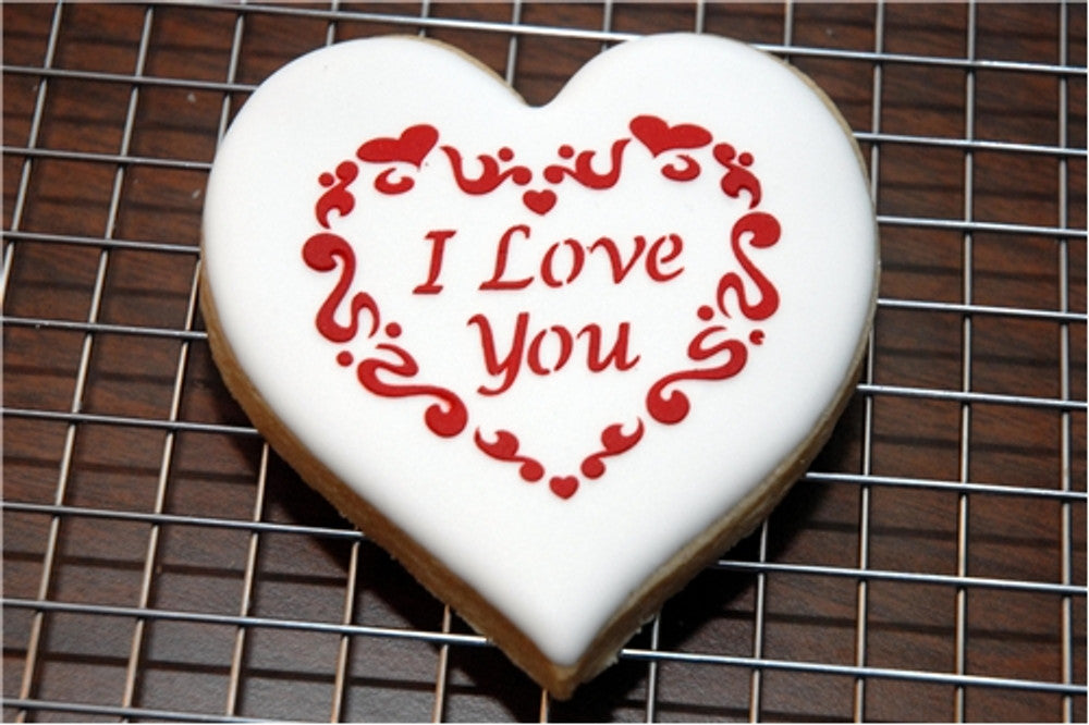 Valentine's Day Cake Using I Love You Round Cookie Stencil Set by Designer Stencils