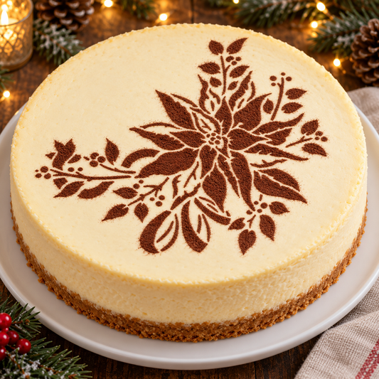 A round cheesecake with a golden brown graham cracker crust, decorated with a large dark brown floral pattern on top, served on a white plate with holiday decorations in the background.