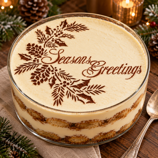 Holiday trifle topped with a cocoa Seasons Greetings message, pinecones, holly, and evergreen branches