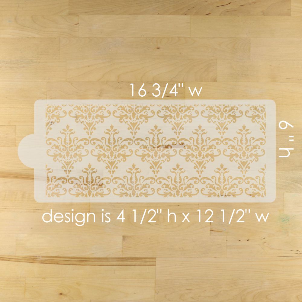 Decorative stencil with measurements on a wooden surface