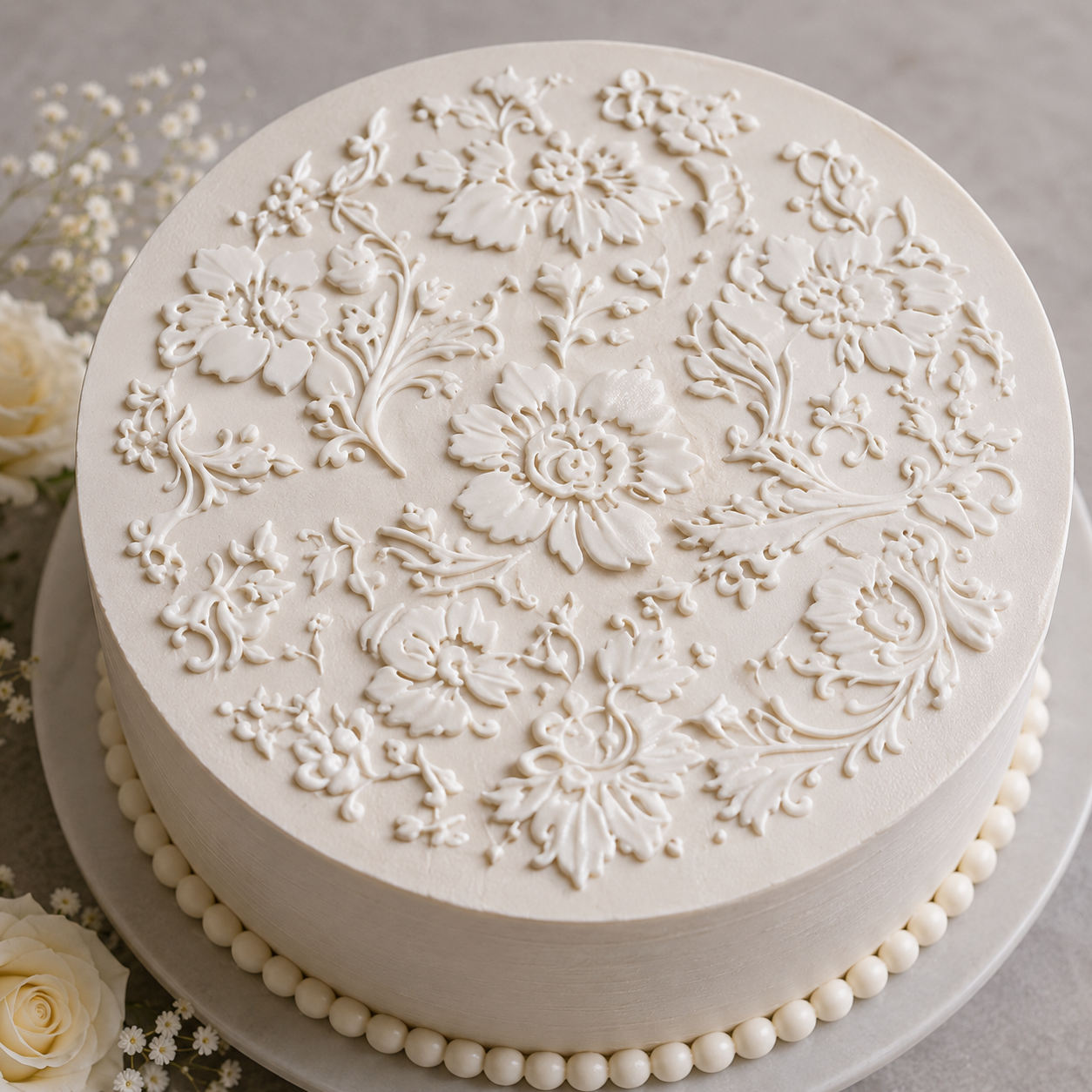 Chic Rose Stencil Topper for round cakes applied with buttercream to a wedding cake.