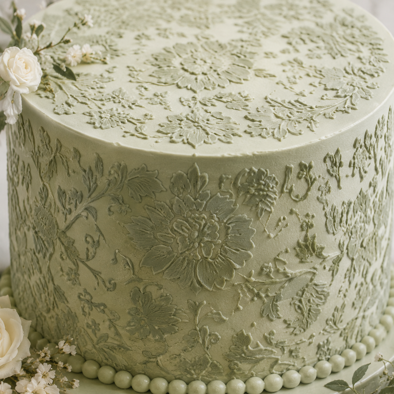 Chic rose cake top stencil applied to a tall, round cake with royal icing