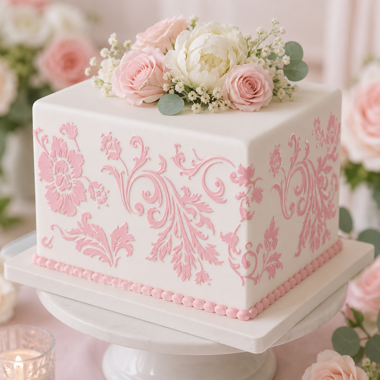 Decorative cake with pink floral patterns and a bouquet of roses on top, set against a soft, blurred floral background.
