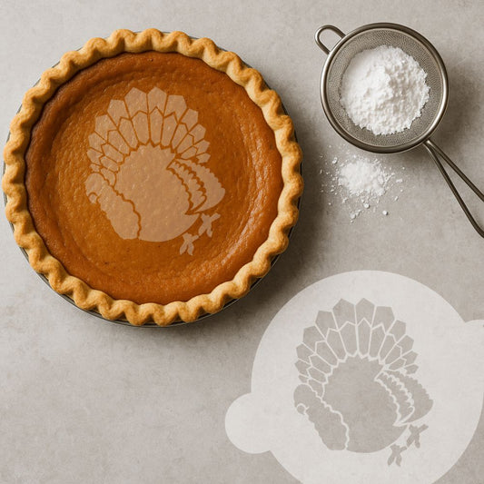 Pumpkin pie with a decorative turkey design stenciled with powered sugar on top, next to a sifter of powdered sugar and a stencil next to it.