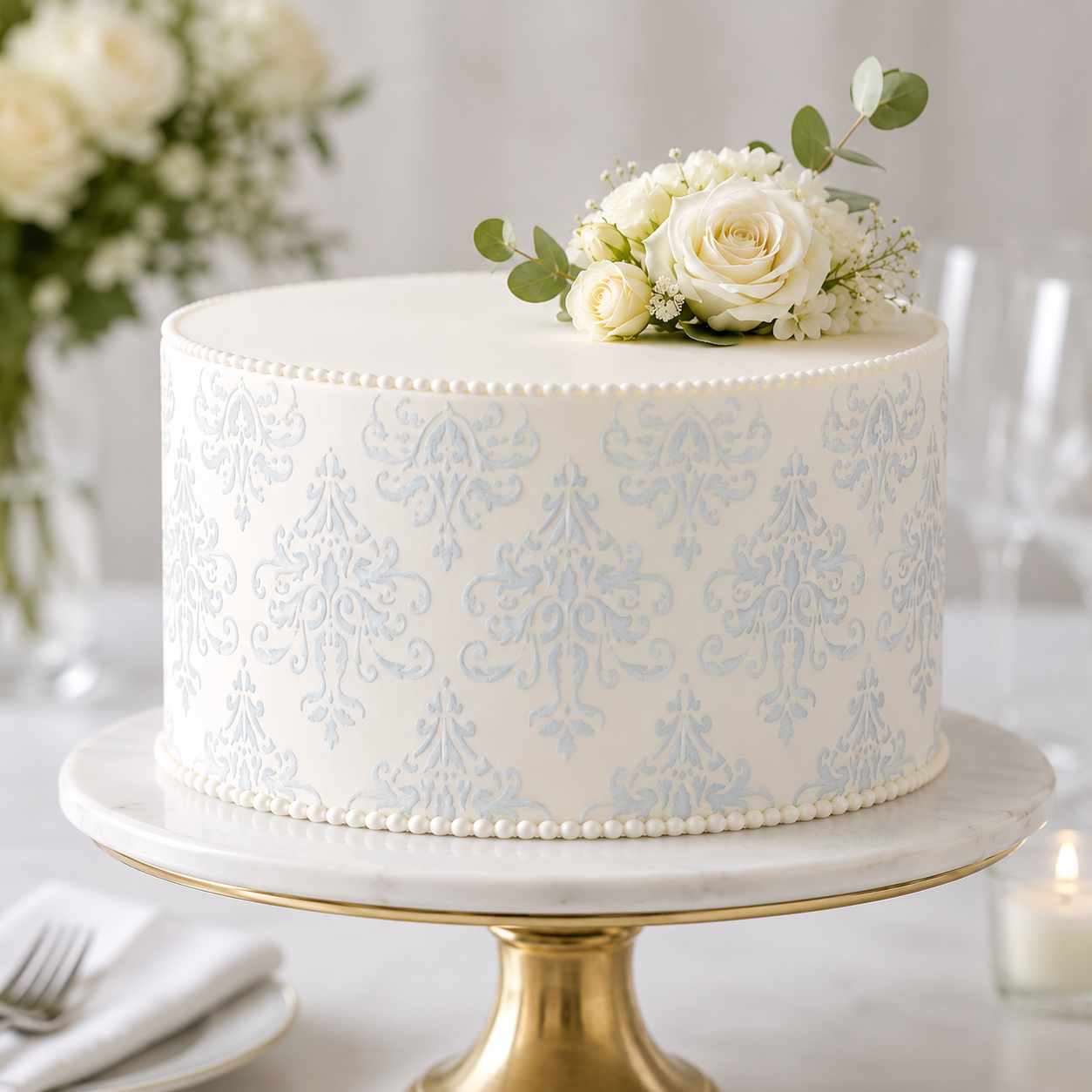Elegant white cake with floral decoration on a marble stand