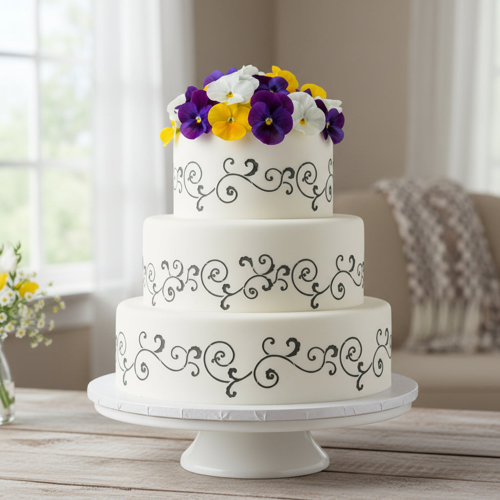 Two-tiered wedding cake with floral decorations on a wooden table.