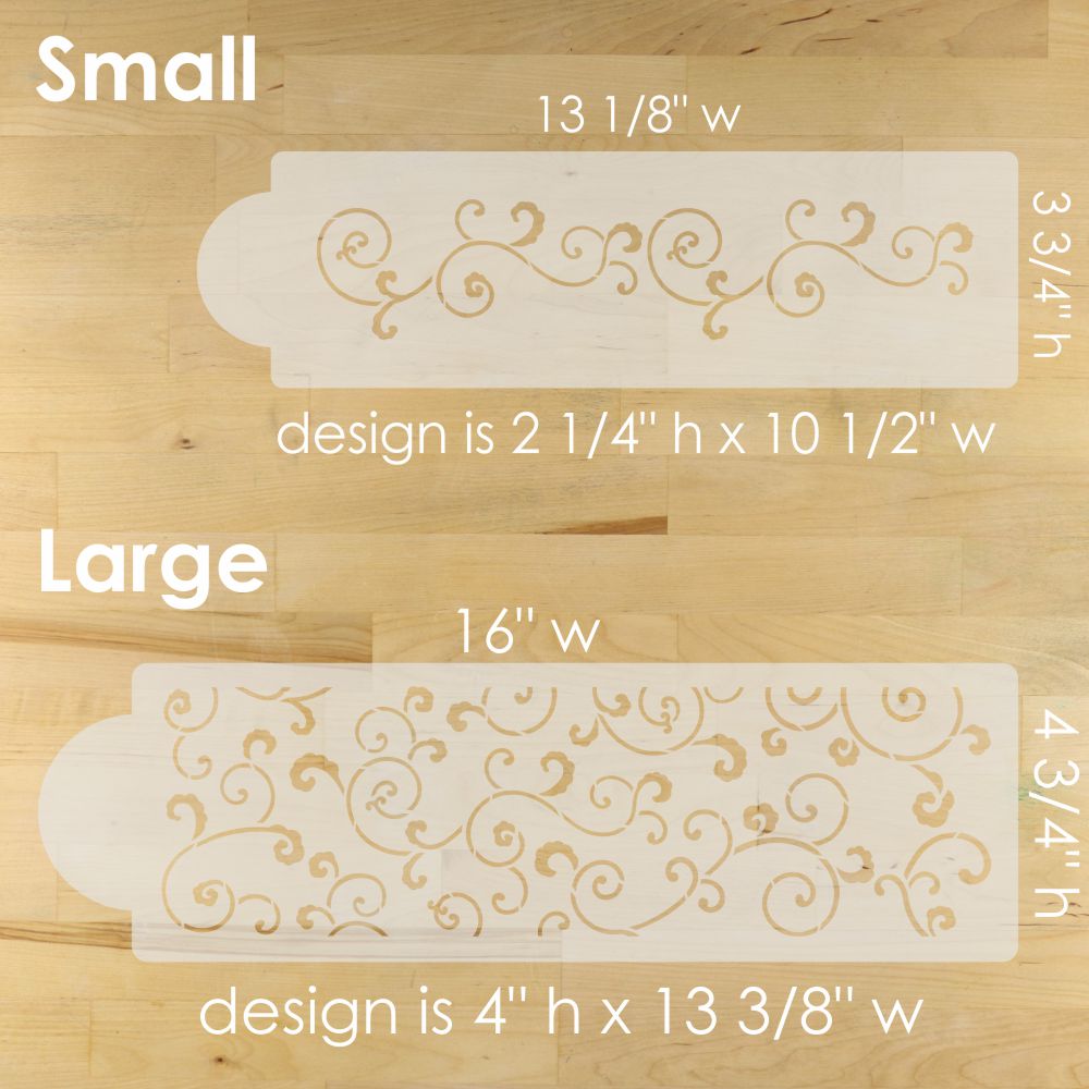Two decorative stencils with measurements on a wooden surface