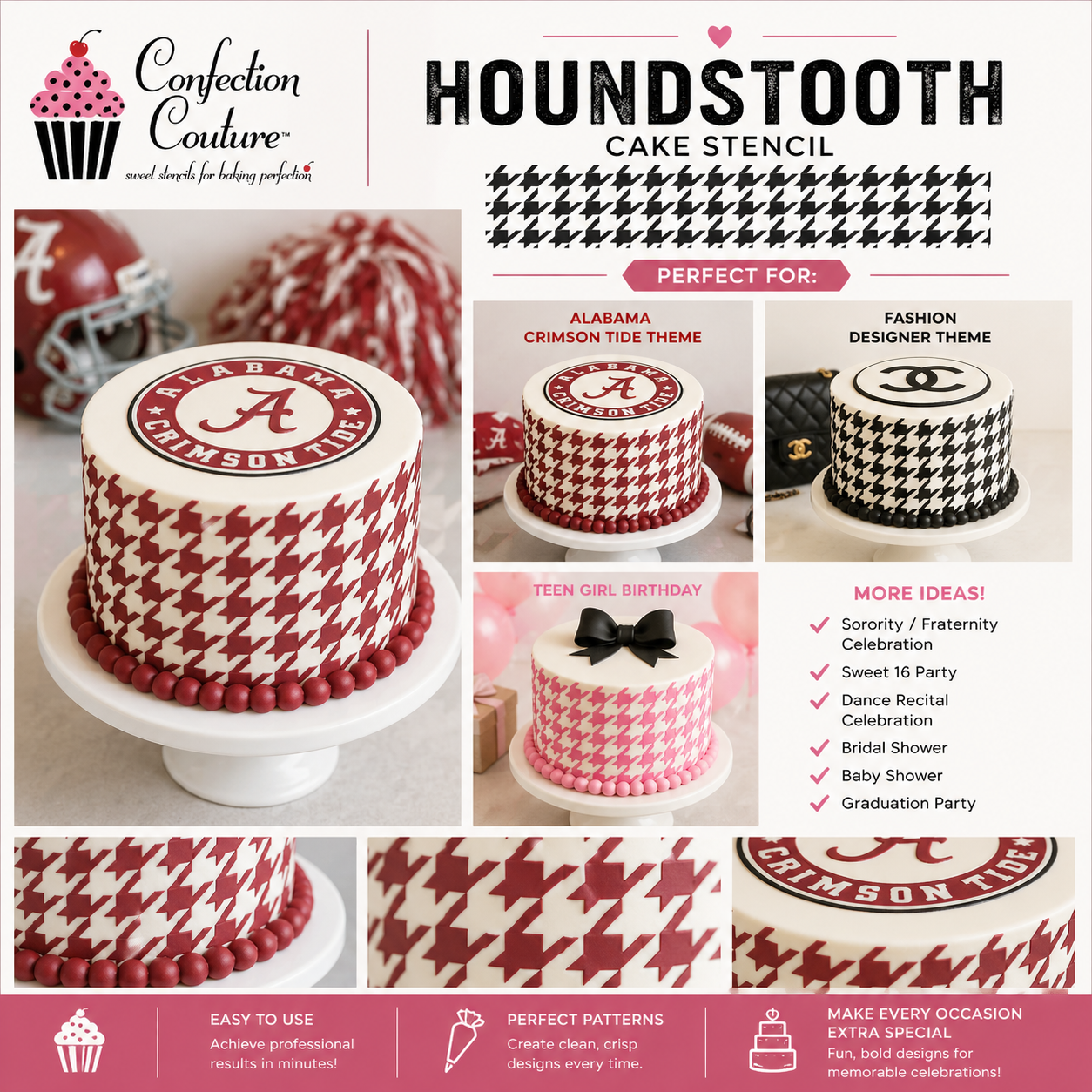 Houndstooth pattern on different cakes for Alabama Crimson Tide, Chanel theme cake and teen birthdays