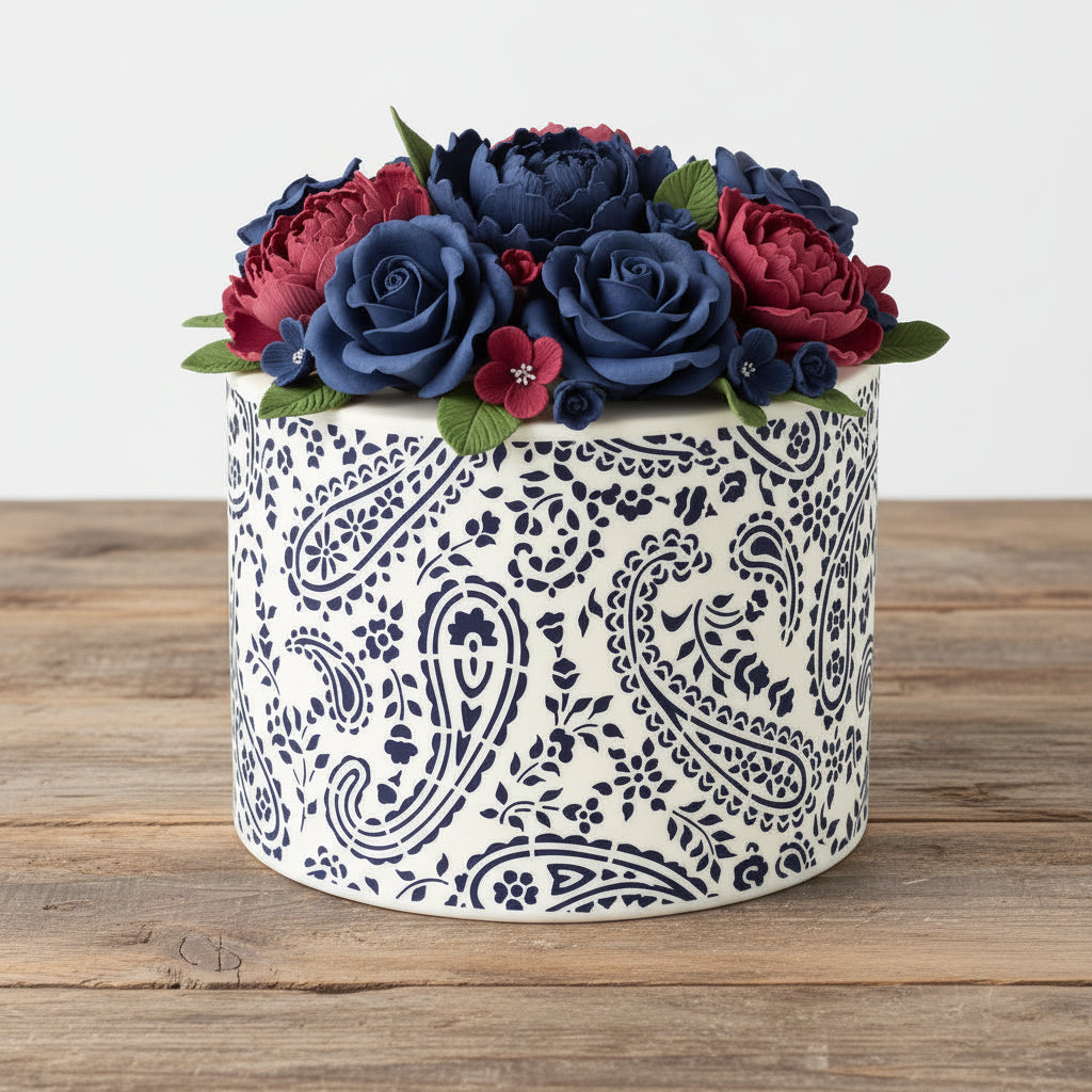 Navy paisley pattern on a white background