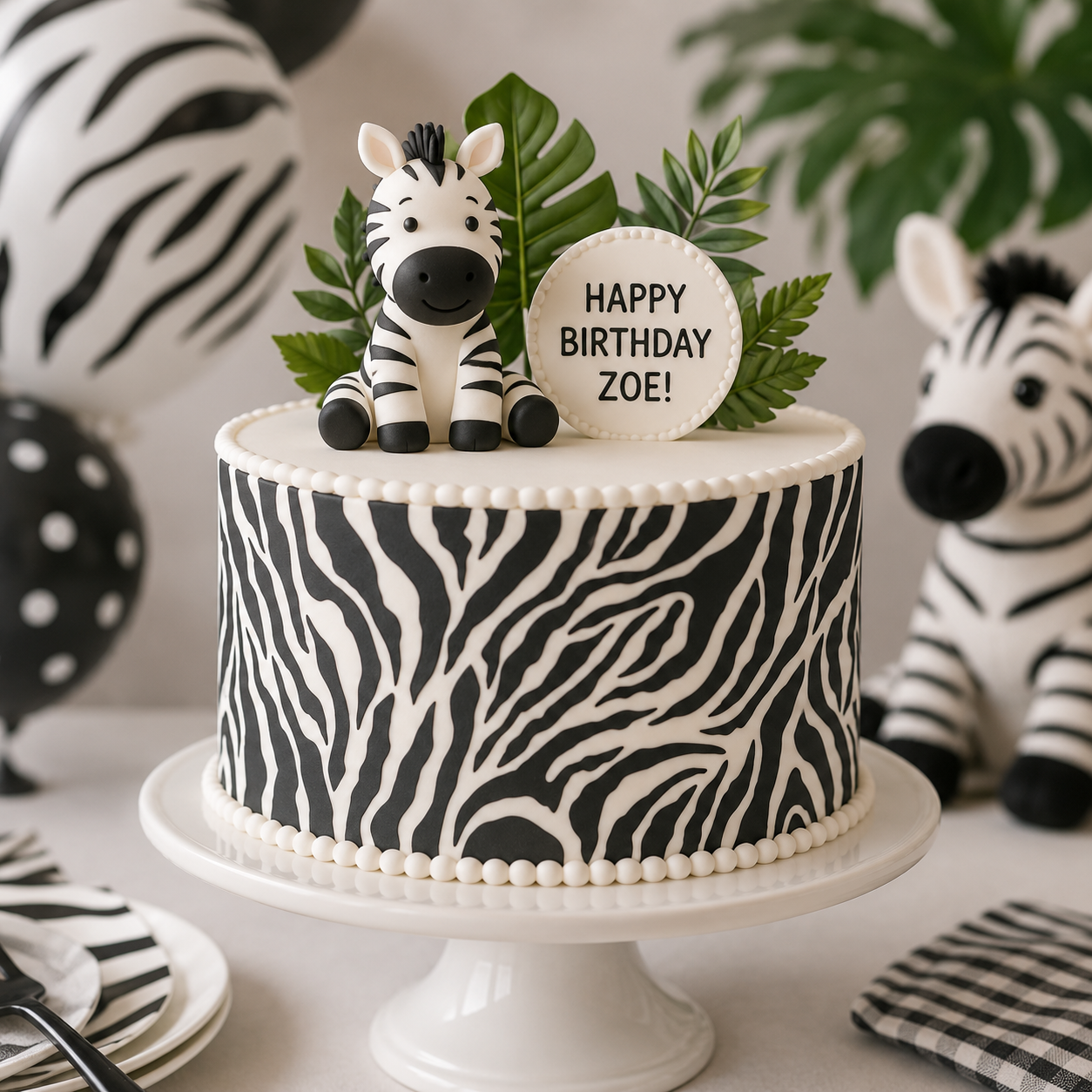 Zebra-themed birthday cake with a zebra figurine and 'Happy Birthday Zoe!' sign, surrounded by zebra decorations.