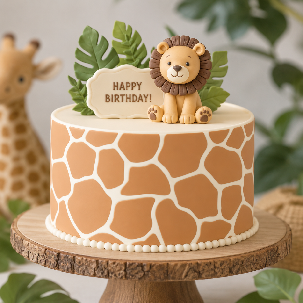 Birthday cake with lion topper and 'Happy Birthday!' sign, surrounded by green leaves and a giraffe toy.