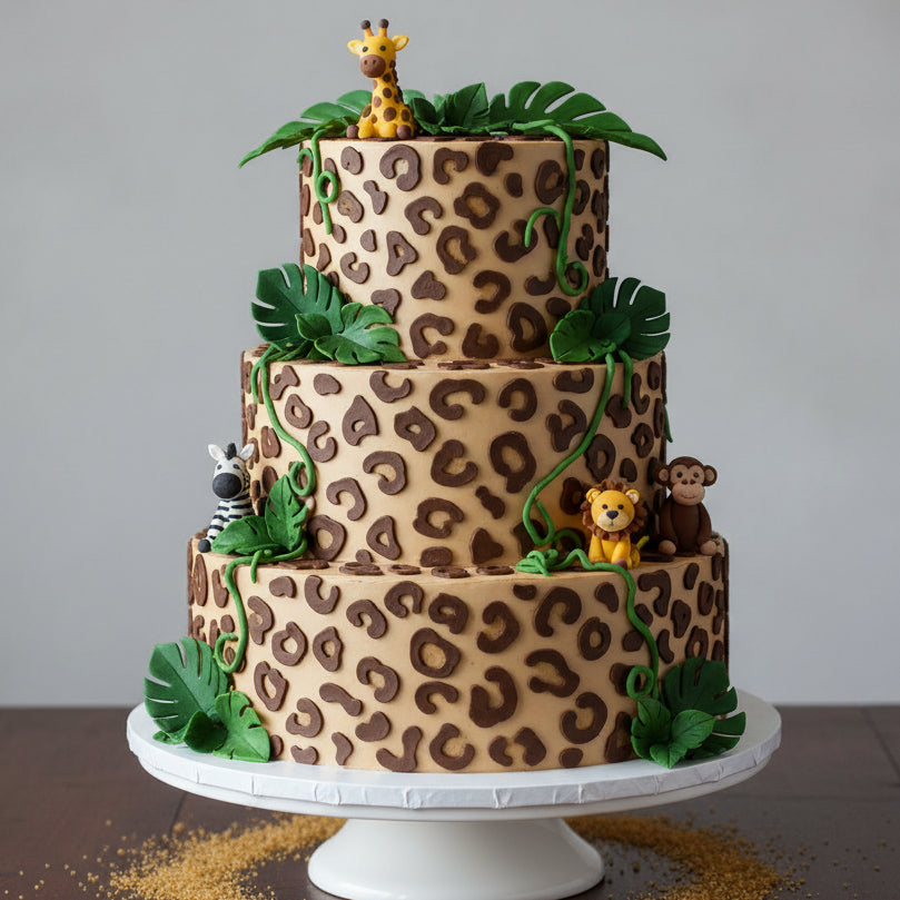 Brown leopard print pattern stenciled onto on a cake for a jungle themed birthday.