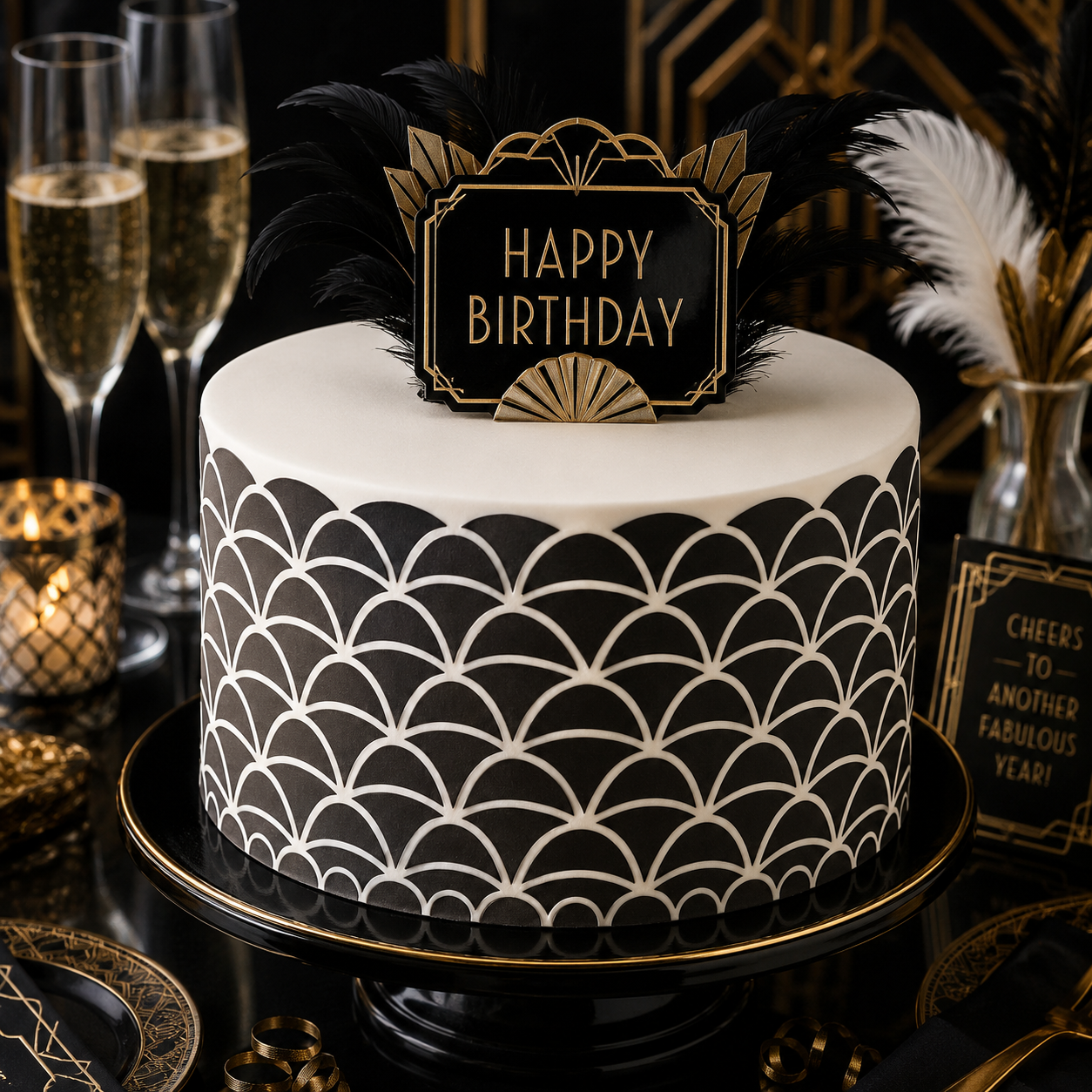 Black and white patterned birthday cake with 'Happy Birthday' topper, surrounded by champagne glasses and decorative feathers.