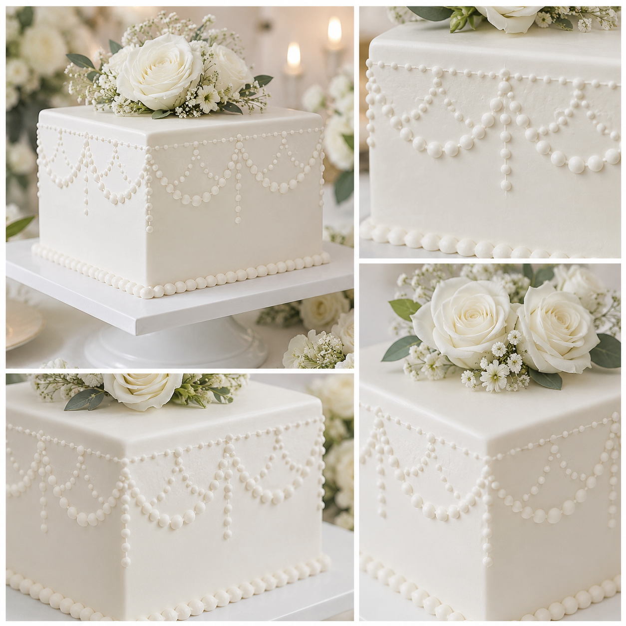 Collage of a white wedding cake with pearl decorations and floral arrangements.