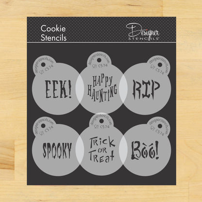 Halloween cookie stencils featuring sayings like EEK, RIP, Spooky, and Trick or Treat by Designer Stencils.
