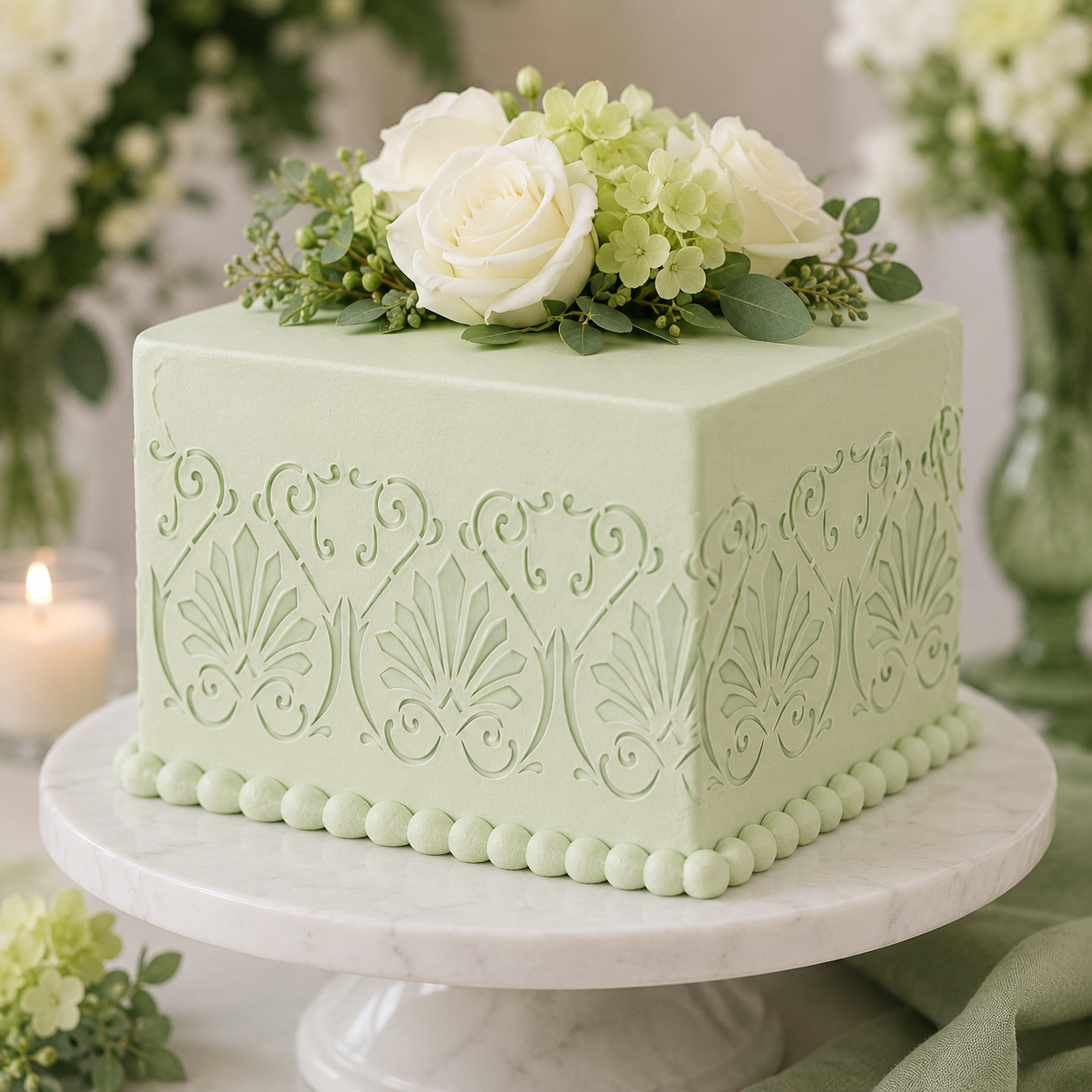 Green cake with floral decoration on a marble stand