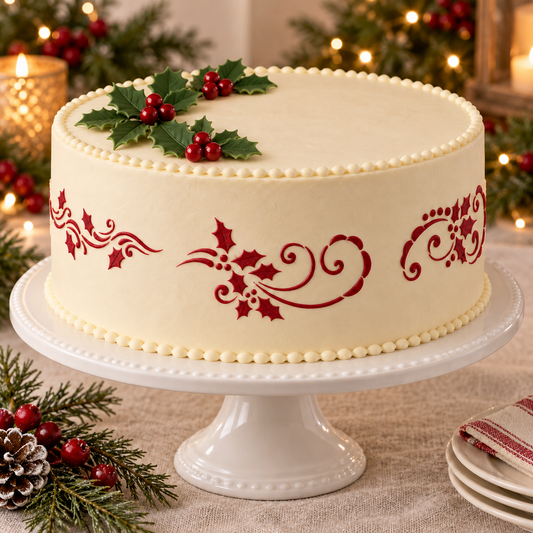 Ivory Christmas cake with red holly and swirl designs around the sides and green holly decorations on top