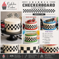 Advertisement for a checkerboard cake stencil with examples of cakes decorated using it, suitable for race car and skateboard themes.
