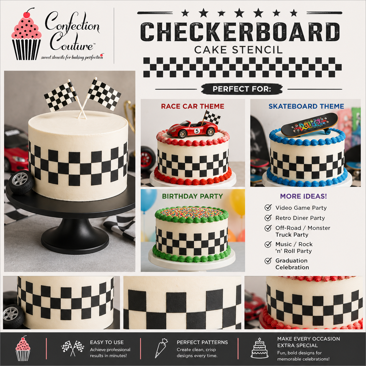 Advertisement for a checkerboard cake stencil with examples of cakes decorated using it, suitable for race car and skateboard themes.