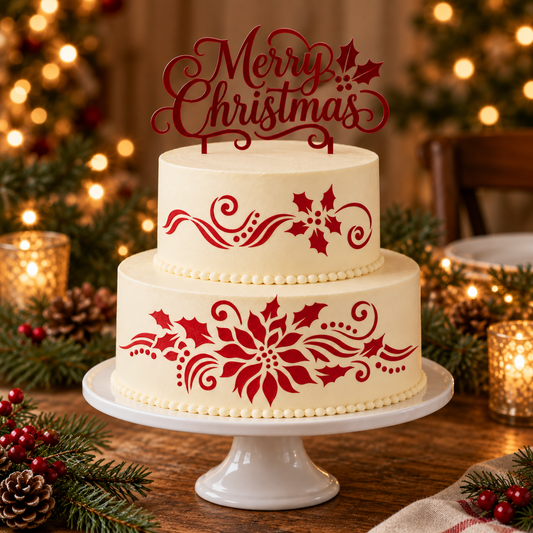 Two-tier ivory Christmas cake with red poinsettia and holly spray designs and a Merry Christmas topper