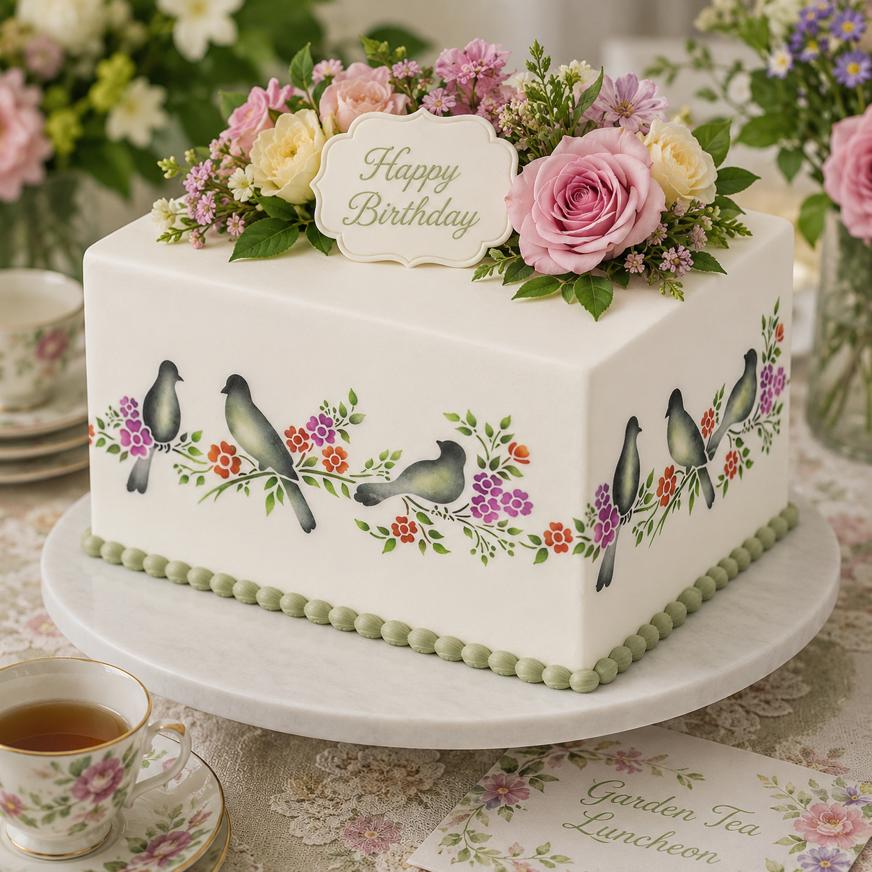 Decorative birthday cake with floral arrangements and 'Happy Birthday' sign on a table with tea set.