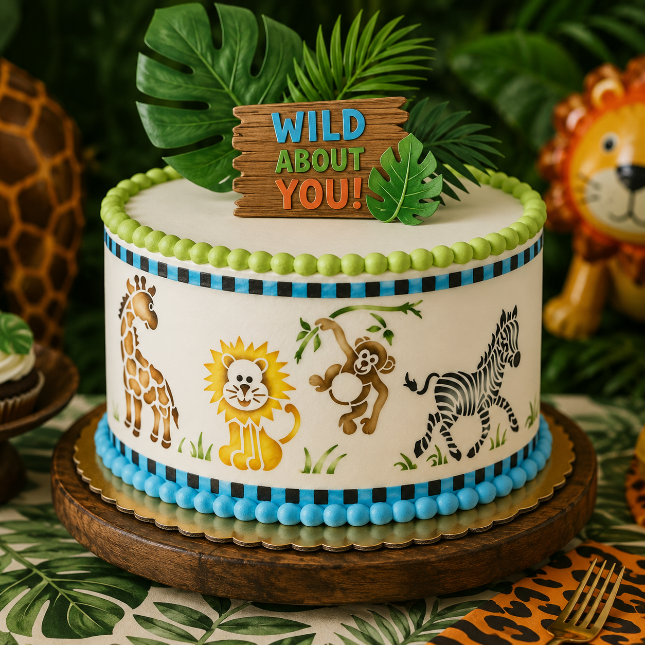Jungle-themed birthday cake with animal illustrations and 'Wild About You!' topper.