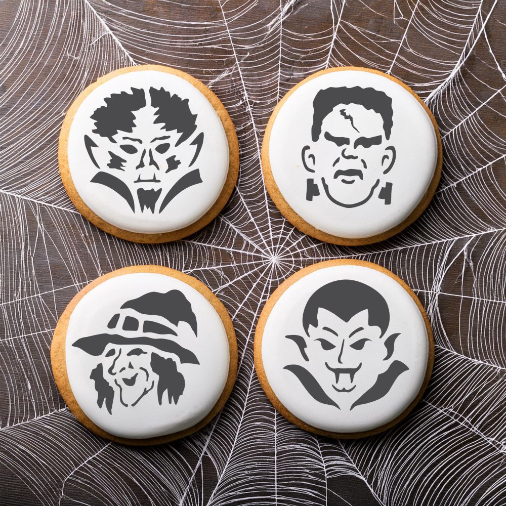 Halloween Monster Face Stencils applied to round cookies