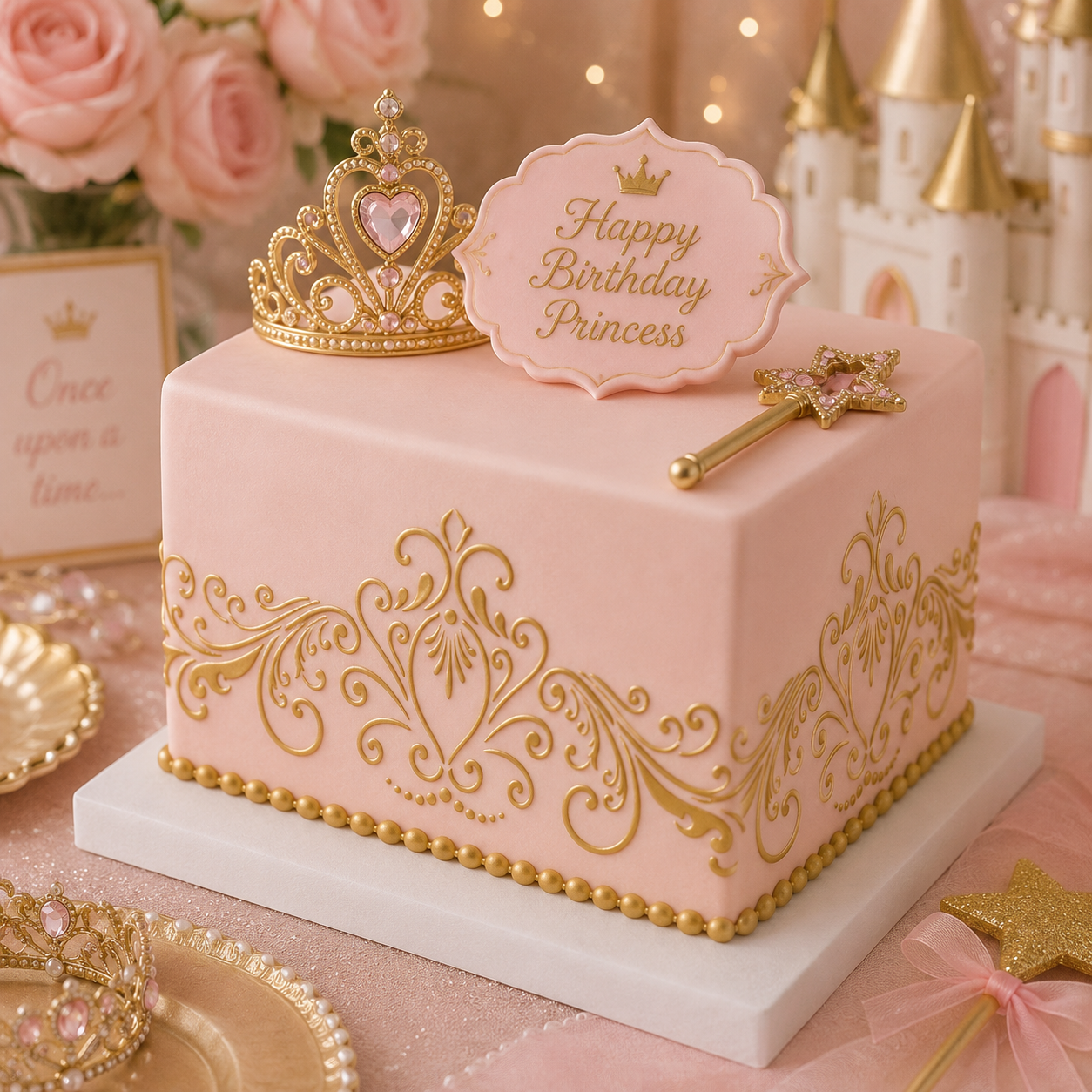 Pink birthday cake with gold decorations and 'Happy Birthday Princess' sign, surrounded by princess-themed items.