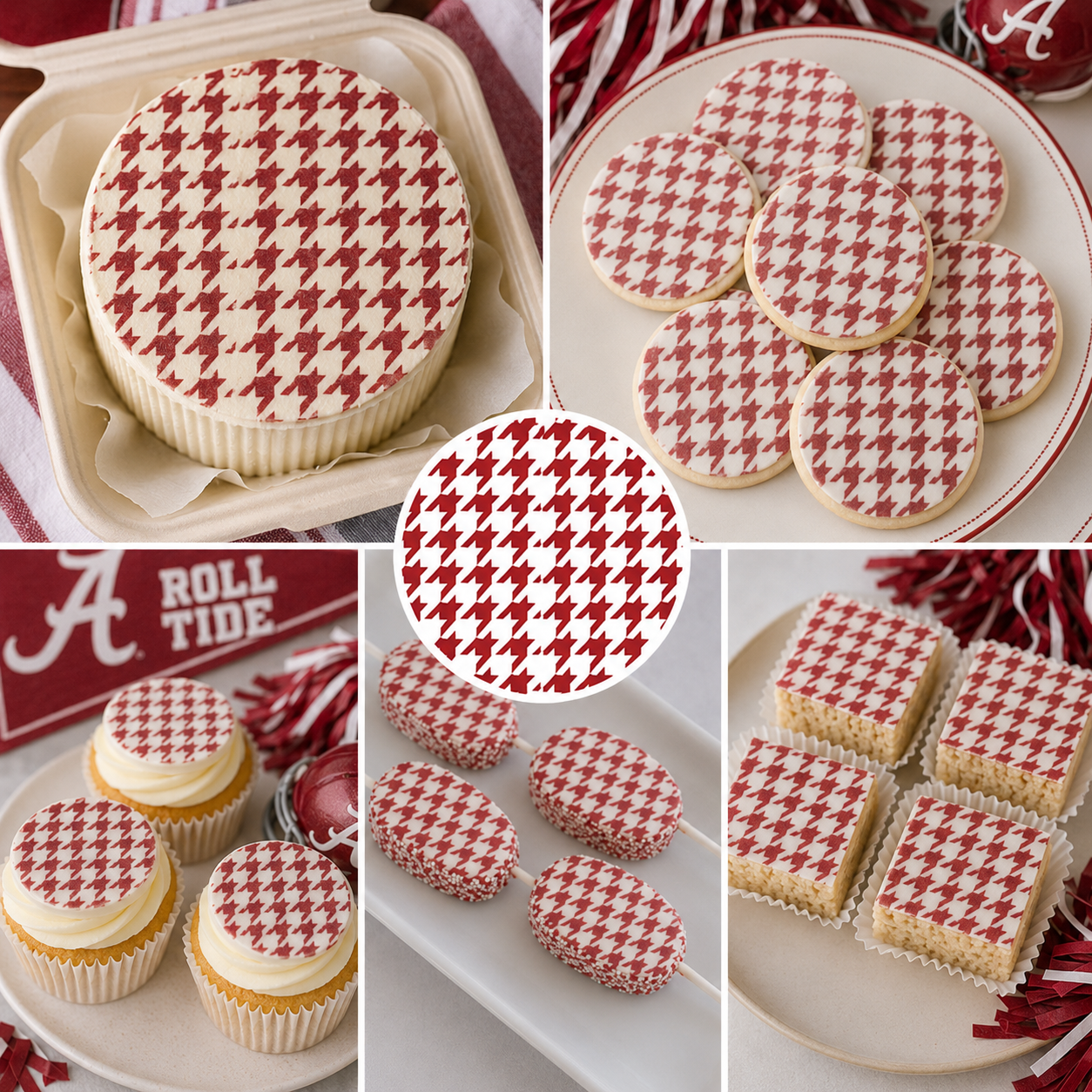 Collage of red and white patterned cookies and cupcakes with a 'Roll Tide' theme decorated with fashion-inspired cake stencil