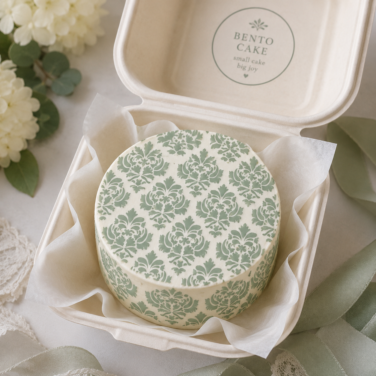 Bento cake with damask pattern in a white box, surrounded by flowers and greenery.
