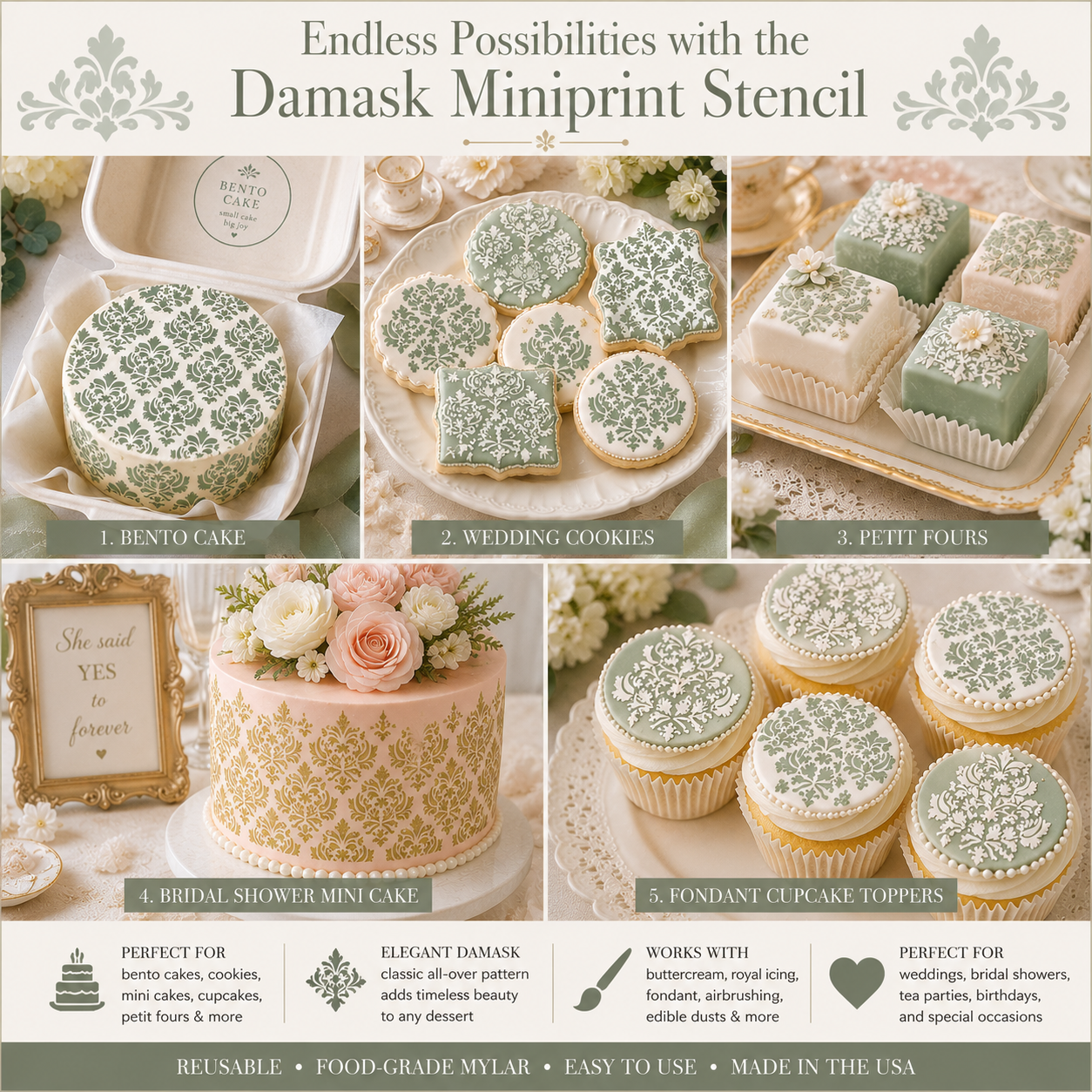 Collage of decorated desserts using a damask miniprint stencil with product images and text.
