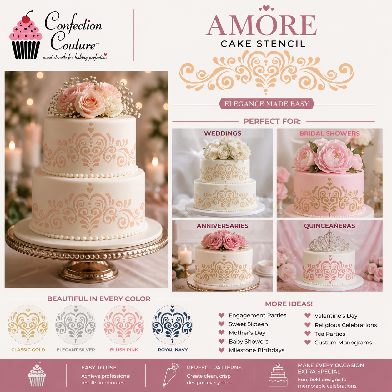 Collage on ways to use the Amore Cake Stencil