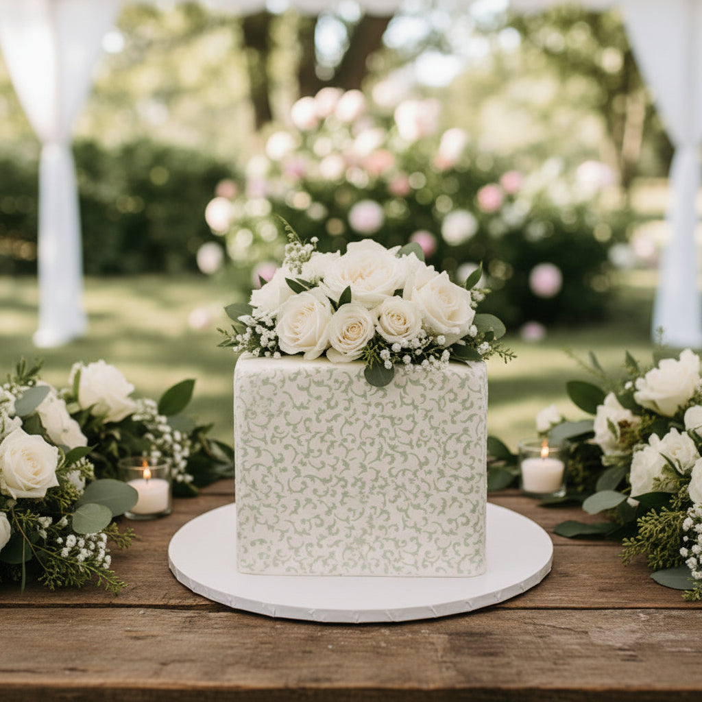 Provencal Cake and Cookie Stencil applied to the side of the wedding cake topped with white roses